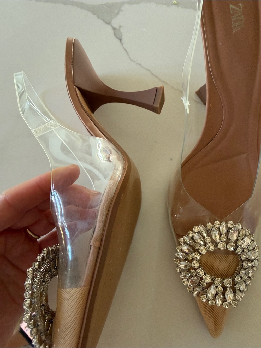 Zara Nude Pointed Toe Slingback Heels with Crystal Buckle - Picture 2 of 3